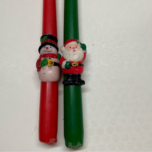 Vintage Taper Christmas Candles Candlesticks Green Santa Red Snowman Set of 2 - Picture 2 of 3